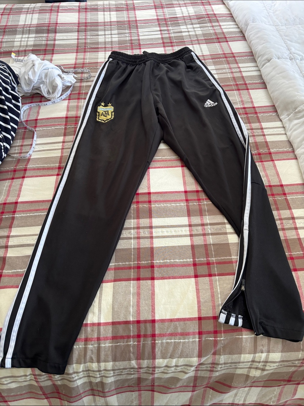 adidas Black Joggers with White Side Stripes and Gold Crest